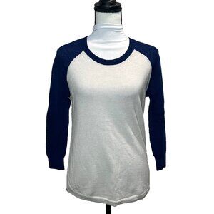 J Crew Women's Wool Sweater  XS Navy Blue Light Gray Crew Neck 3/4 Sleeve Top